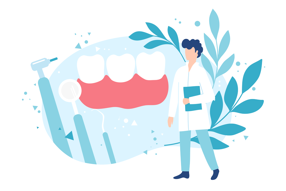 Illustration med tänder, tandläkarverktyg och en tandläkare