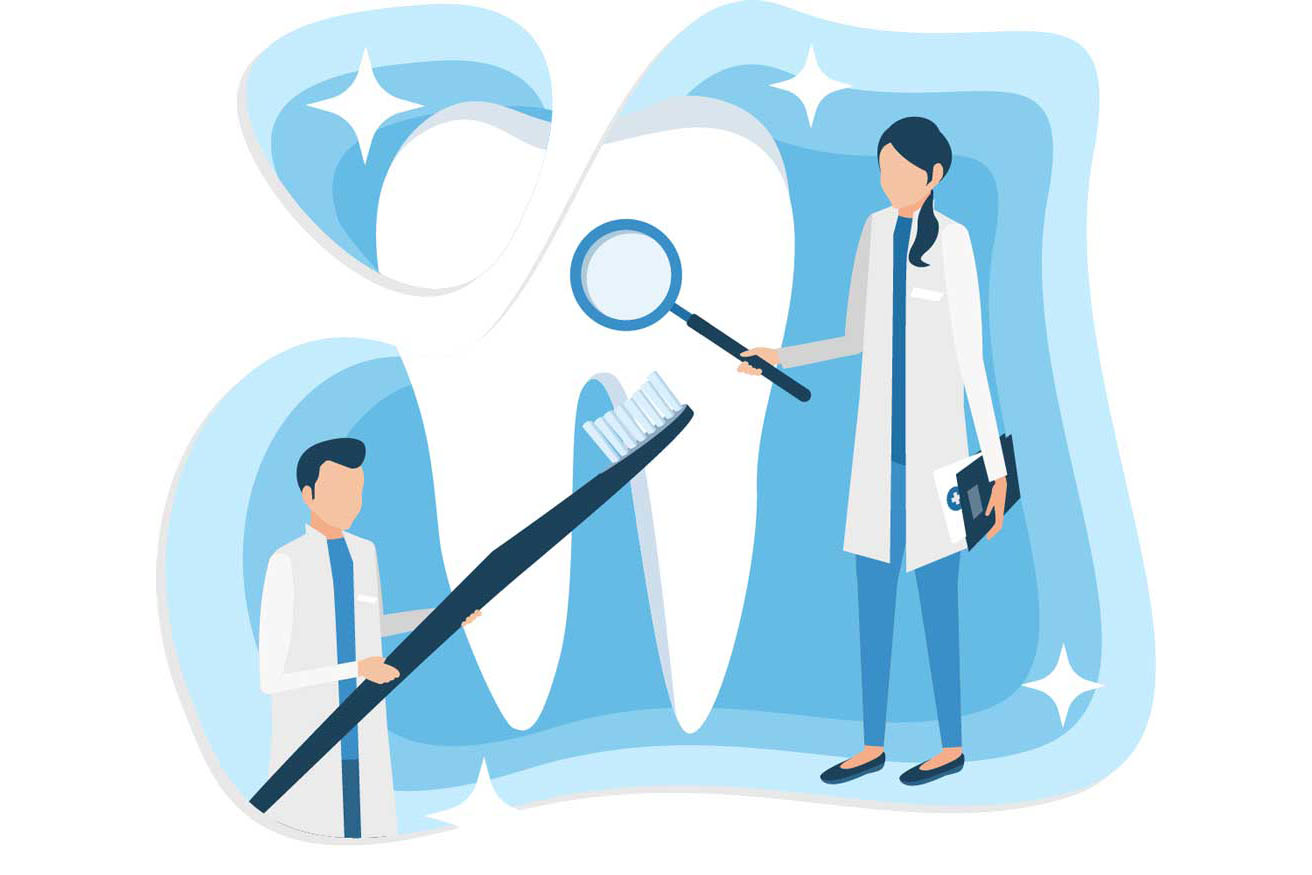 Illustration av av två tandläkare som undersöker en tand